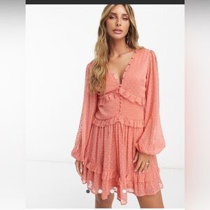 ASOS Coral Pink Swiss Dot Ruffle Mini Dress